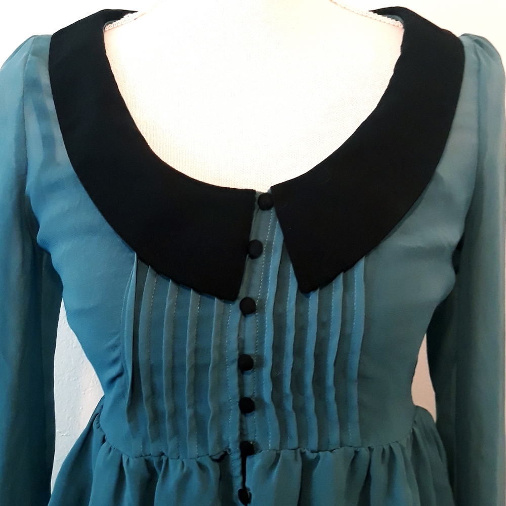 Double Zero Sheer Ruffle Front Blouse Size - Size Small/XS Teal Blue - Picture 3 of 14